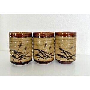 Japanese Ceramic Tea Cups Bamboo Print Handmade Finger Dimples Brown Set of 3